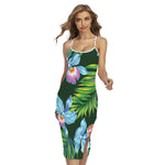 Tropical Orchid Flower Pattern Print Cross Back Cami Dress