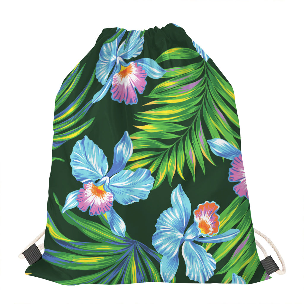 Tropical Orchid Flower Pattern Print Drawstring Bag