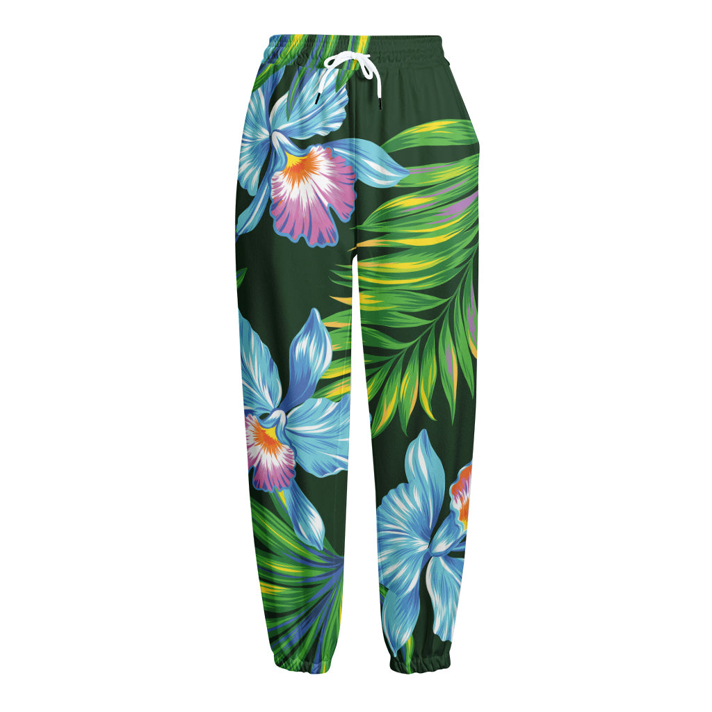 Tropical Orchid Flower Pattern Print Fleece Lined Knit Pants