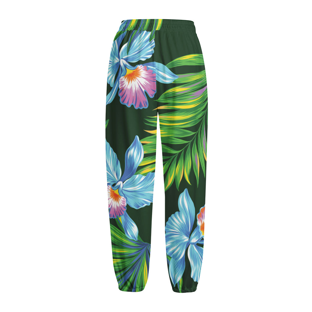 Tropical Orchid Flower Pattern Print Fleece Lined Knit Pants
