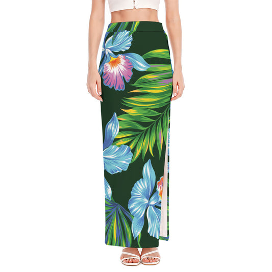 Tropical Orchid Flower Pattern Print High Slit Maxi Skirt