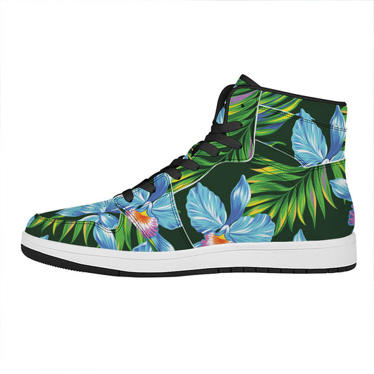 Tropical Orchid Flower Pattern Print High Top Leather Sneakers