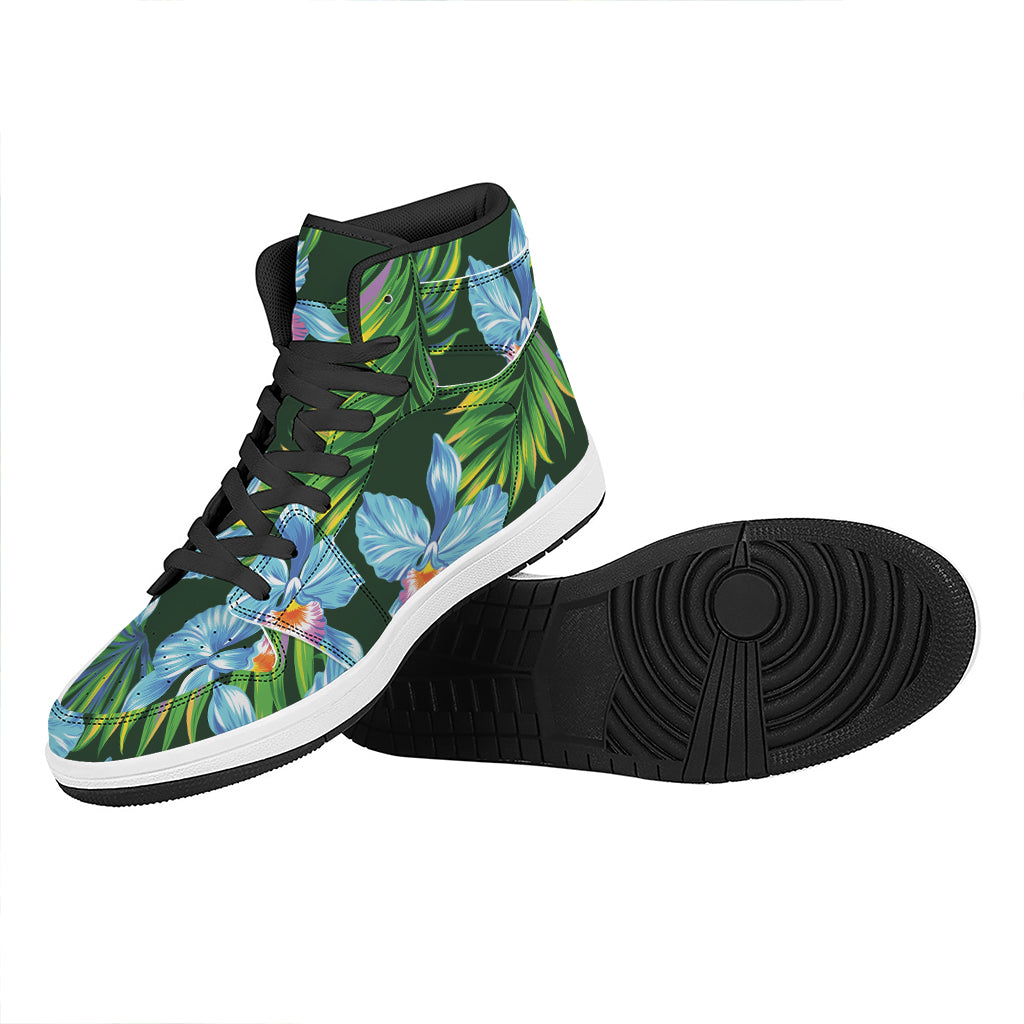 Tropical Orchid Flower Pattern Print High Top Leather Sneakers