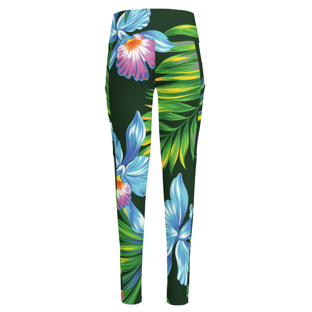 Tropical Orchid Flower Pattern Print High-Waisted Pocket Leggings