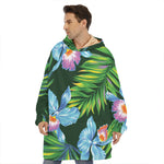 Tropical Orchid Flower Pattern Print Hoodie Blanket