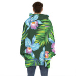 Tropical Orchid Flower Pattern Print Hoodie Blanket