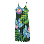 Tropical Orchid Flower Pattern Print Jersey Midi Cami Dress