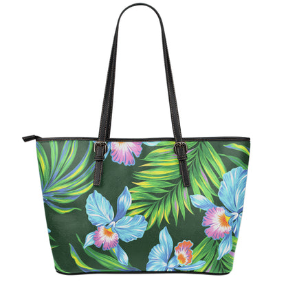 Tropical Orchid Flower Pattern Print Leather Tote Bag