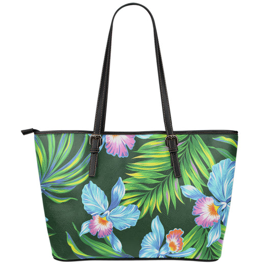 Tropical Orchid Flower Pattern Print Leather Tote Bag