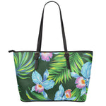 Tropical Orchid Flower Pattern Print Leather Tote Bag