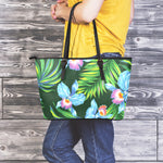 Tropical Orchid Flower Pattern Print Leather Tote Bag