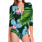 Tropical Orchid Flower Pattern Print Long Sleeve Swimsuit