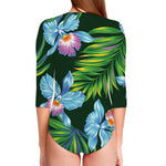 Tropical Orchid Flower Pattern Print Long Sleeve Swimsuit