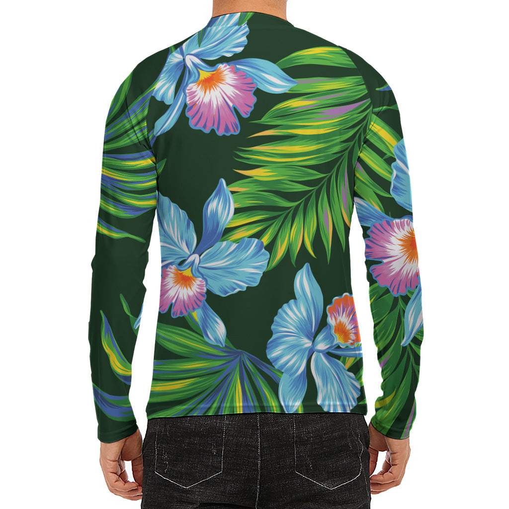 Tropical Orchid Flower Pattern Print Men's Long Sleeve Rash Guard