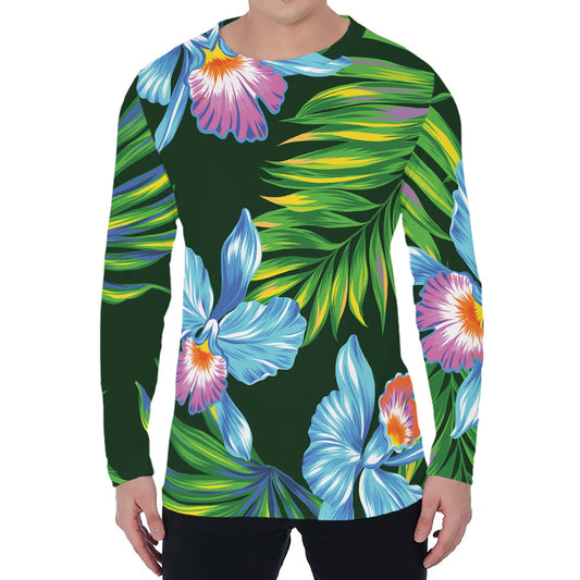 Tropical Orchid Flower Pattern Print Men's Long Sleeve T-Shirt