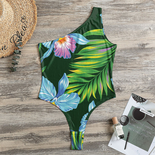 Tropical Orchid Flower Pattern Print One Shoulder Bodysuit