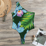 Tropical Orchid Flower Pattern Print One Shoulder Bodysuit