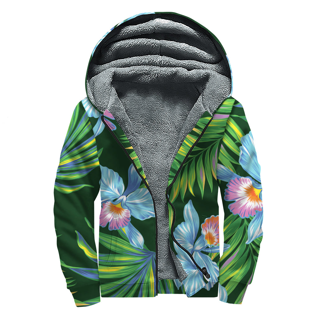 Tropical Orchid Flower Pattern Print Sherpa Lined Zip Up Hoodie