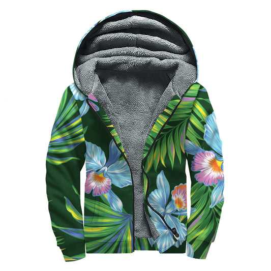 Tropical Orchid Flower Pattern Print Sherpa Lined Zip Up Hoodie