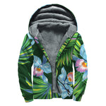 Tropical Orchid Flower Pattern Print Sherpa Lined Zip Up Hoodie