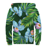 Tropical Orchid Flower Pattern Print Sherpa Lined Zip Up Hoodie