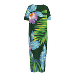 Tropical Orchid Flower Pattern Print Short Sleeve Long Nightdress