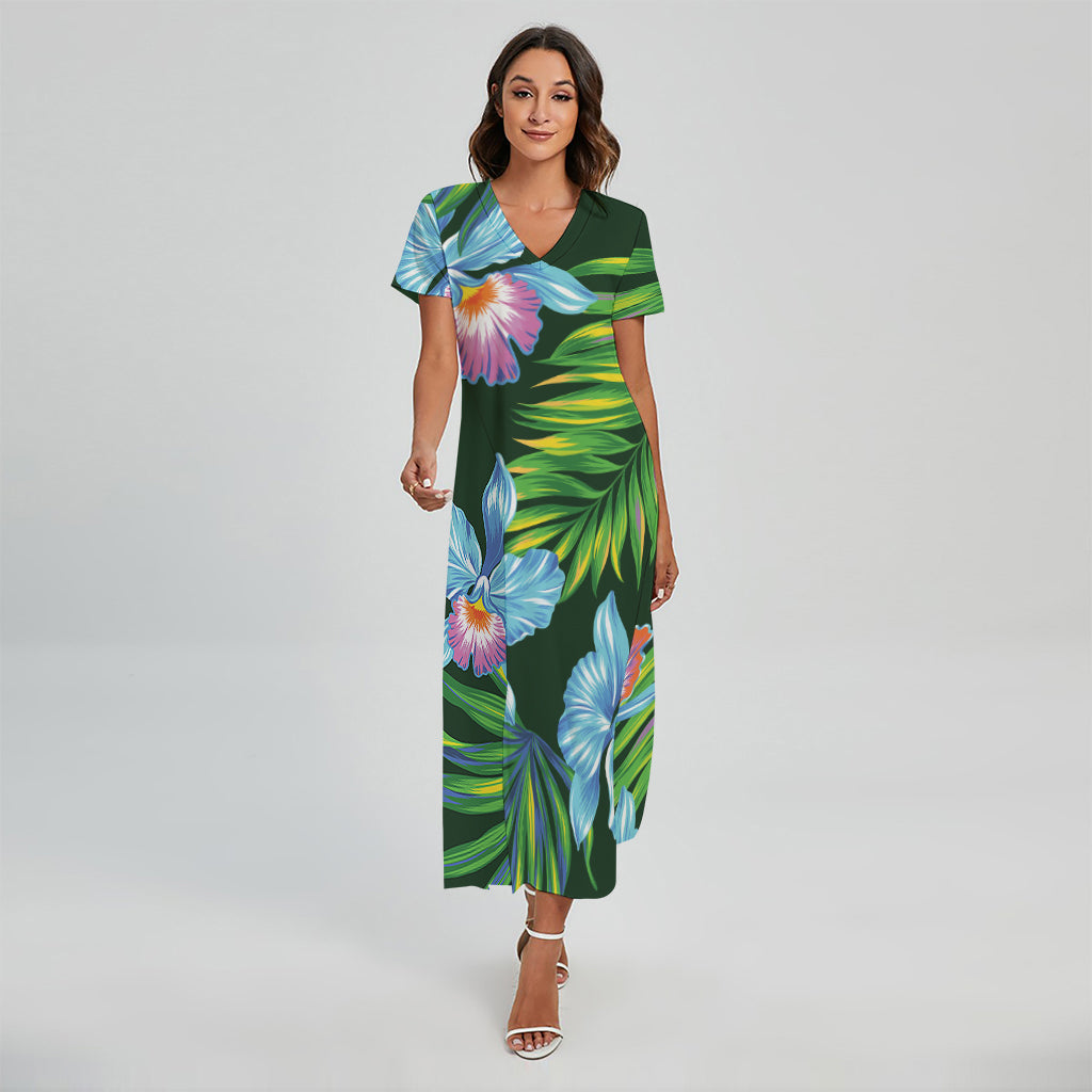 Tropical Orchid Flower Pattern Print Short Sleeve Maxi Dress