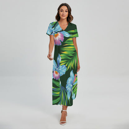 Tropical Orchid Flower Pattern Print Short Sleeve Maxi Dress