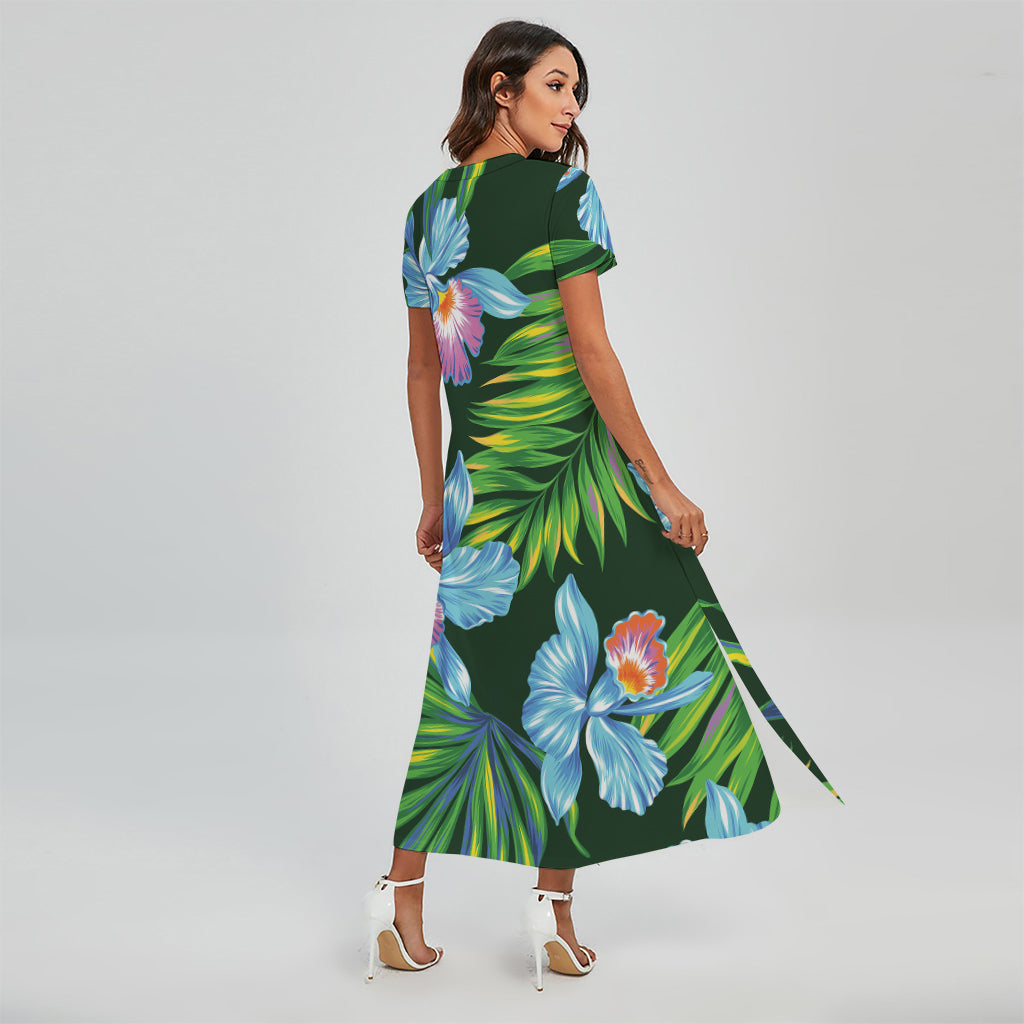 Tropical Orchid Flower Pattern Print Short Sleeve Maxi Dress
