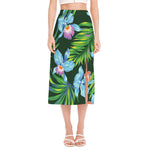 Tropical Orchid Flower Pattern Print Side Slit Midi Skirt