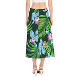 Tropical Orchid Flower Pattern Print Side Slit Midi Skirt