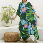 Tropical Orchid Flower Pattern Print Silk V-Neck Kaftan Dress