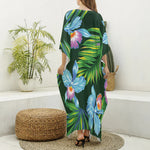 Tropical Orchid Flower Pattern Print Silk V-Neck Kaftan Dress