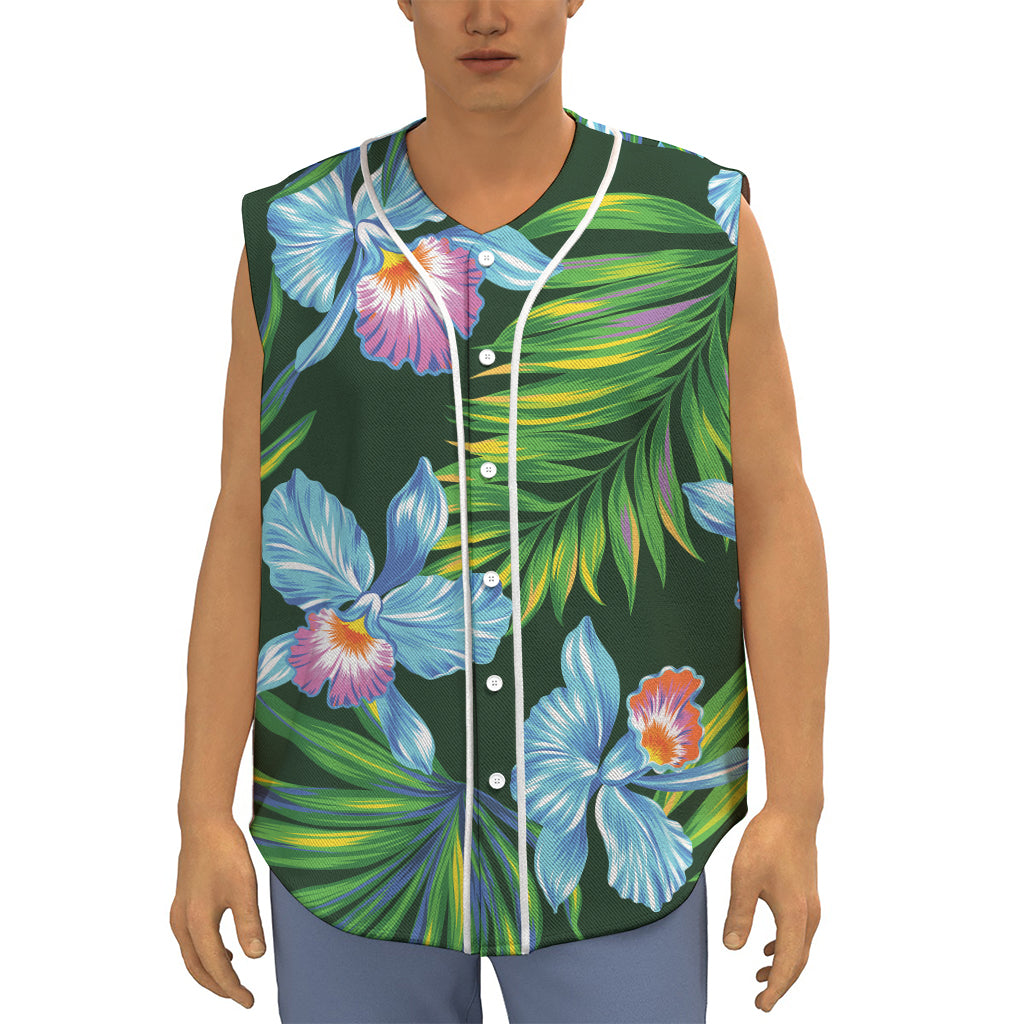 Tropical Orchid Flower Pattern Print Sleeveless Baseball Jersey
