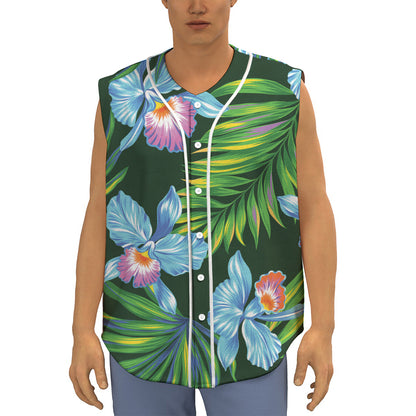 Tropical Orchid Flower Pattern Print Sleeveless Baseball Jersey