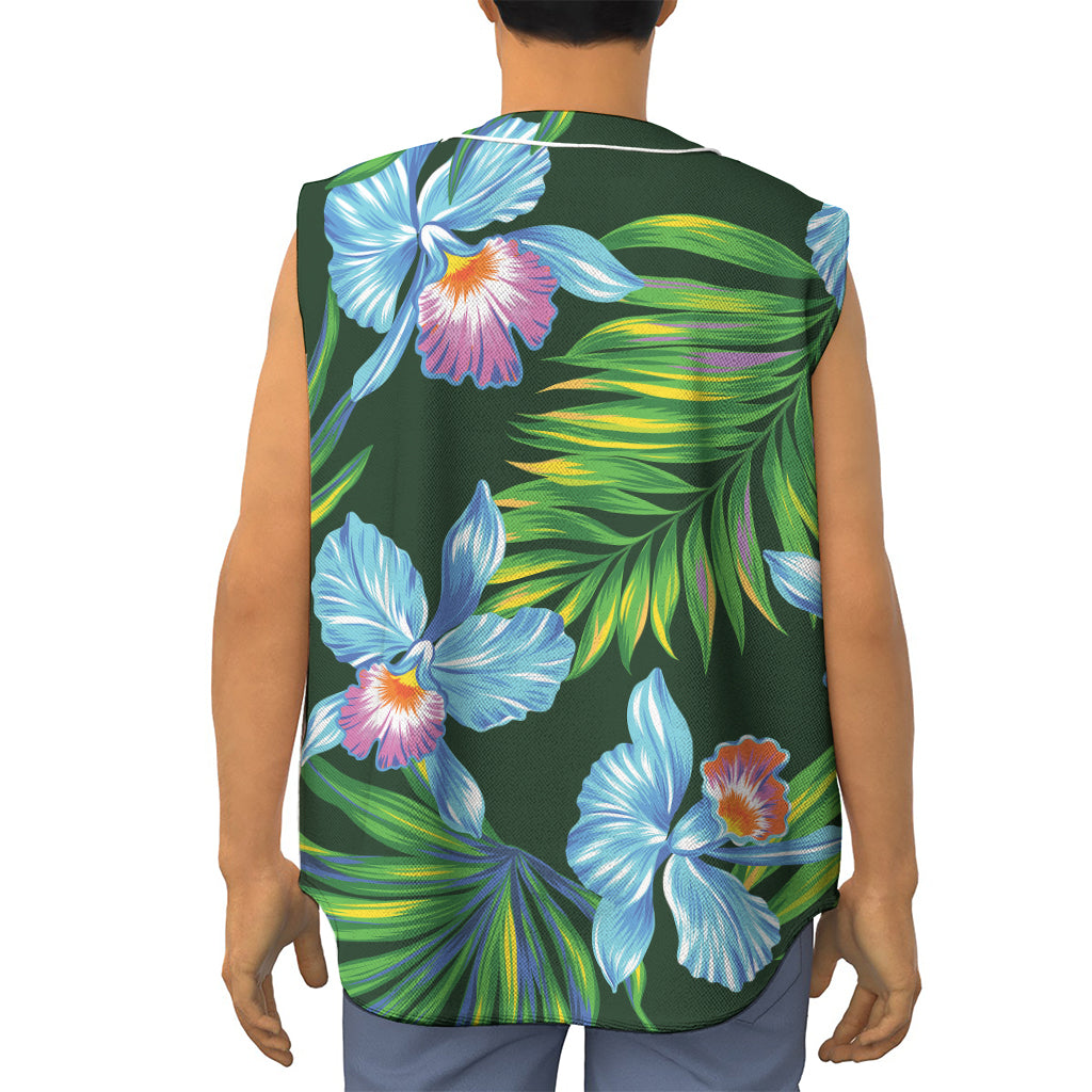 Tropical Orchid Flower Pattern Print Sleeveless Baseball Jersey