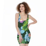 Tropical Orchid Flower Pattern Print Sleeveless Bodycon Dress