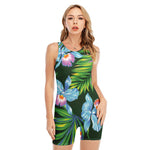 Tropical Orchid Flower Pattern Print Sleeveless One Piece Swimsuit