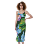 Tropical Orchid Flower Pattern Print Slim Fit Midi Cami Dress