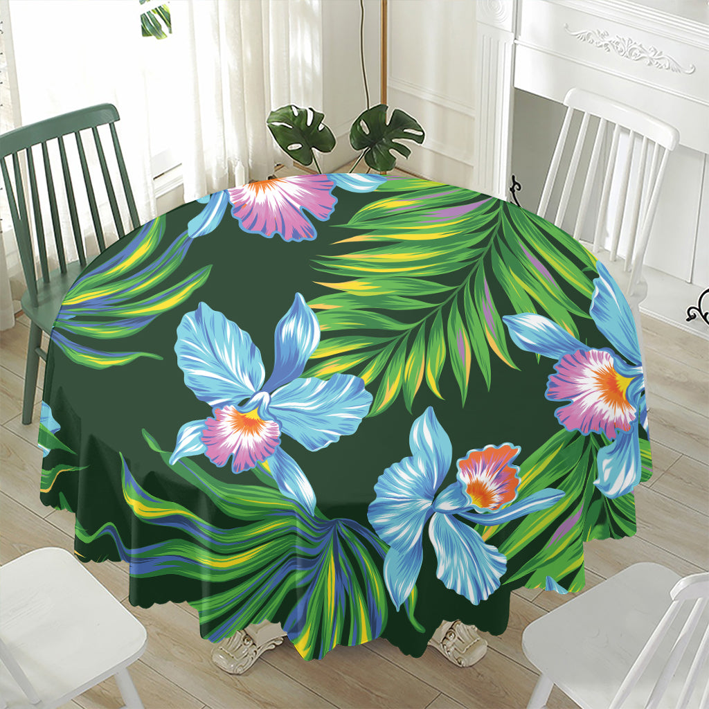 Tropical Orchid Flower Pattern Print Waterproof Round Tablecloth