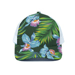 Tropical Orchid Flower Pattern Print White Mesh Trucker Cap