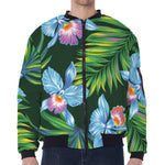 Tropical Orchid Flower Pattern Print Zip Sleeve Bomber Jacket