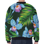 Tropical Orchid Flower Pattern Print Zip Sleeve Bomber Jacket