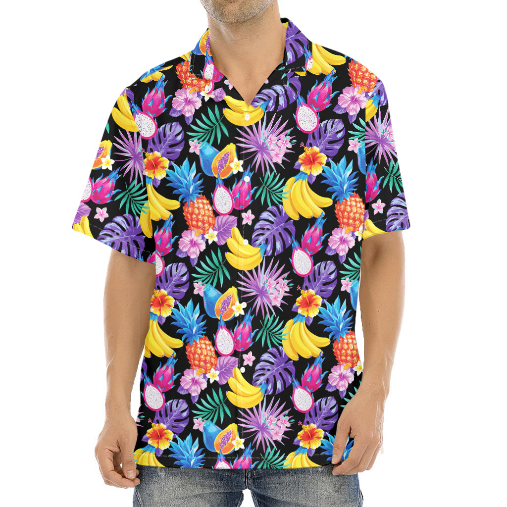 Tropical Palm And Hawaiian Fruits Print Aloha Shirt