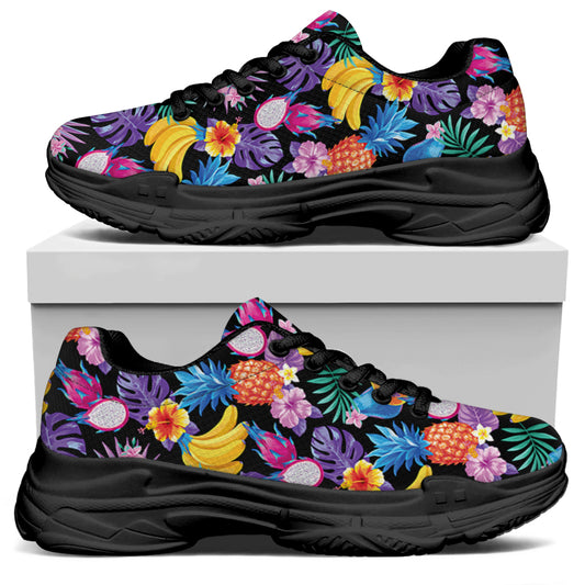 Tropical Palm And Hawaiian Fruits Print Black Chunky Shoes