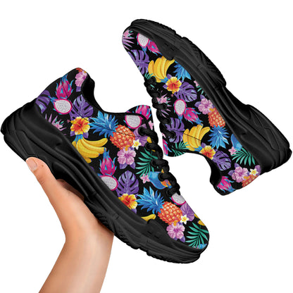 Tropical Palm And Hawaiian Fruits Print Black Chunky Shoes