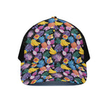 Tropical Palm And Hawaiian Fruits Print Black Mesh Trucker Cap