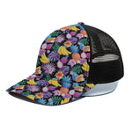 Tropical Palm And Hawaiian Fruits Print Black Mesh Trucker Cap