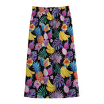 Tropical Palm And Hawaiian Fruits Print Cotton Front Slit Maxi Skirt