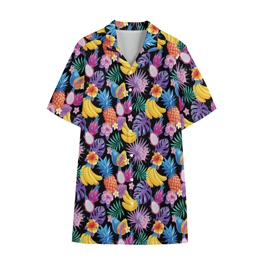 Tropical Palm And Hawaiian Fruits Print Cotton Hawaiian Shirt